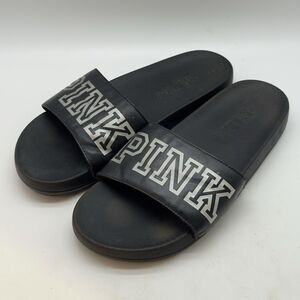 Victoria's Secret Pink Slides Women's 9 Black Silver Beach Pool Sandals Slippers